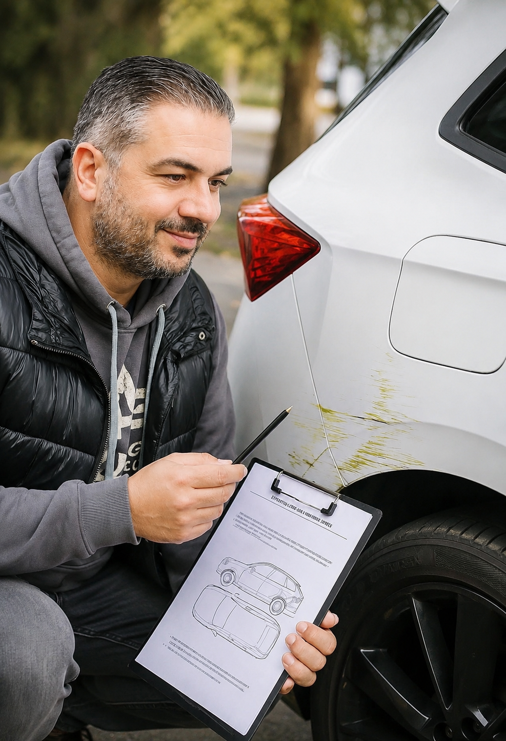 Evthimios Karametaxas bei der Fahrzeugbegutachtung vor Ort